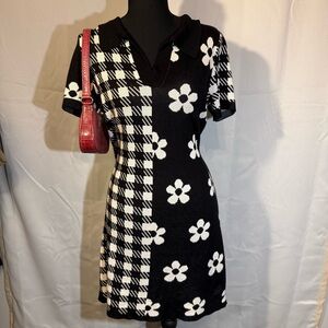 Cato Black White Houndstooth Floral Knit Dress Medium